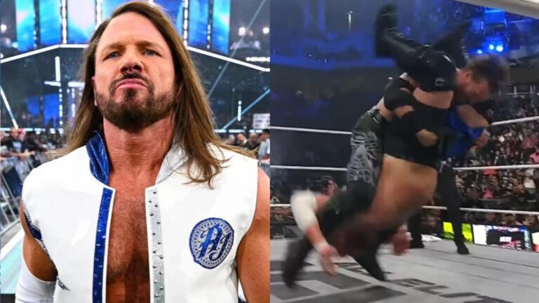 WWE's AJ Styles next to Will Ospreay hitting the Styles Clash on Samoa Joe at AEW Double or Nothing