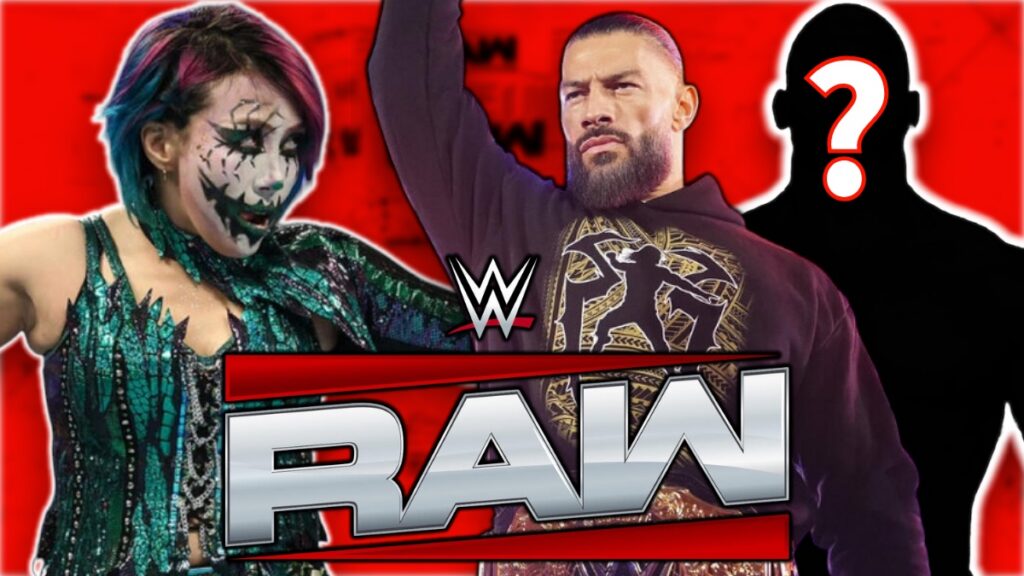 WWE Raw logo with Asuka and Roman Reigns