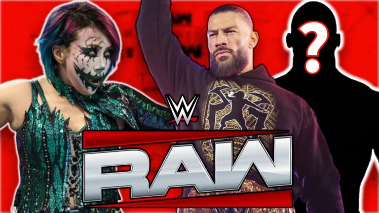 WWE Raw logo with Asuka and Roman Reigns