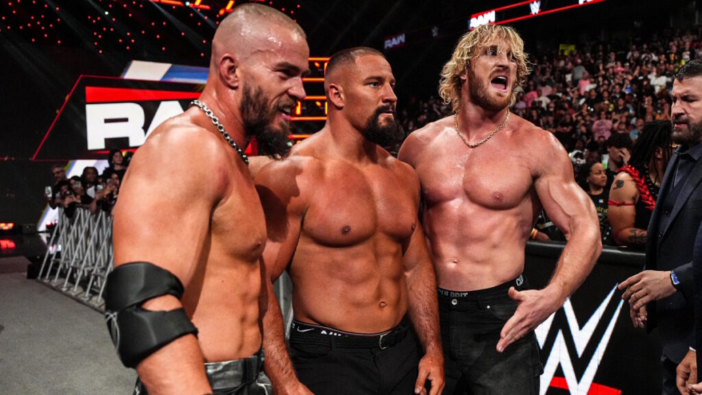 WWE stars Austin Theory, Bron Breakker and Logan Paul of The Vision