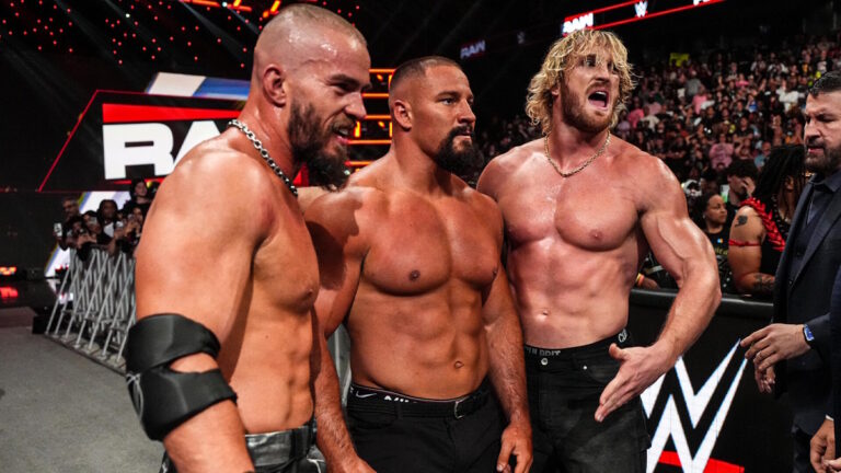 WWE stars Austin Theory, Bron Breakker and Logan Paul of The Vision