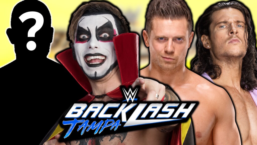 WWE Backlash logo, Danhausen, The Miz and Kit Wilson