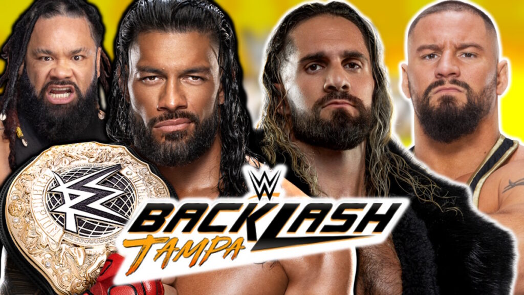 WWE Backlash 2026 logo with Jacob Fatu, Roman Reigns, Seth Rollins and Bron Breakker
