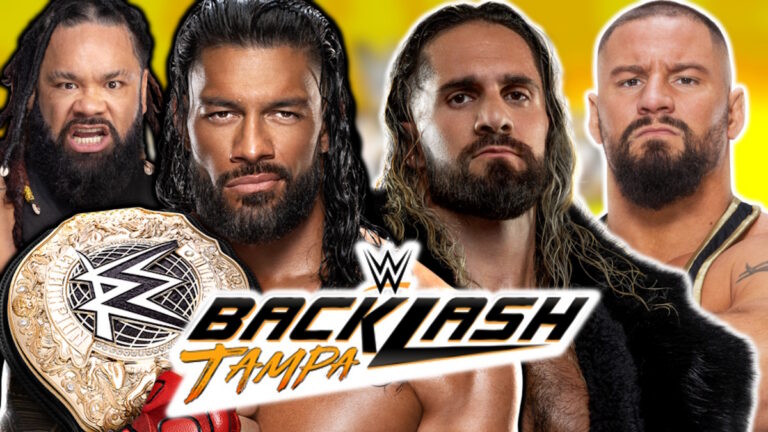WWE Backlash 2026 logo with Jacob Fatu, Roman Reigns, Seth Rollins and Bron Breakker