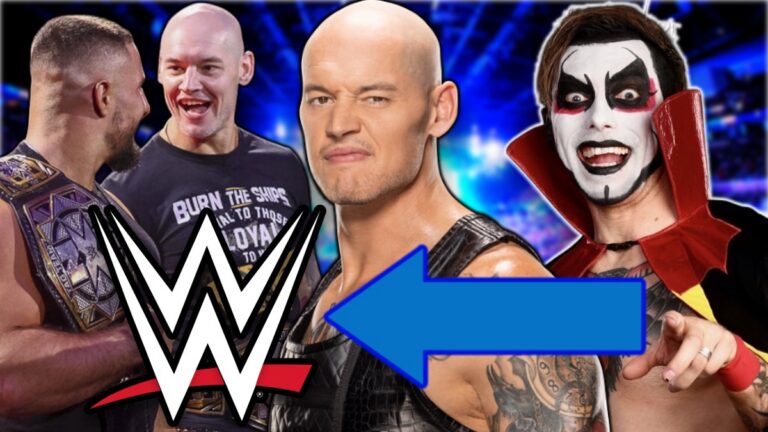 WWE logo with Bron Breakker, Danhausen and Bishop Dyer (Baron Corbin)