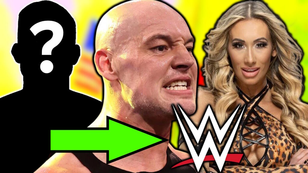 WWE logo, Baron Corbin and Carmella