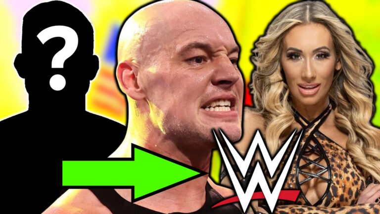 WWE logo, Baron Corbin and Carmella