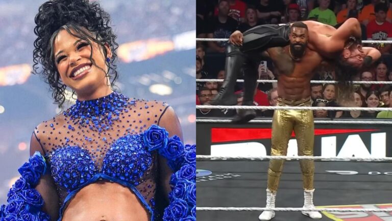WWE star Bianca Belair next to Montez Ford vs Seth Rollins on Raw