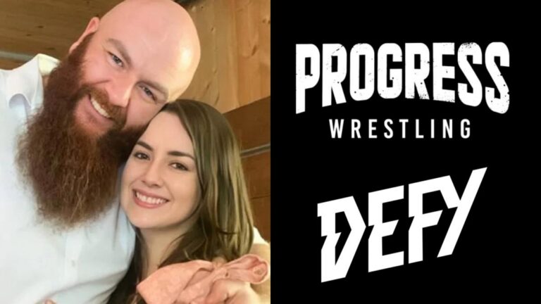 Former WWE stars Big Damo (Killian Dain) and Nikki Storm (Nikki Cross) next to the PROGRESS Wrestling and DEFY Wrestling logos