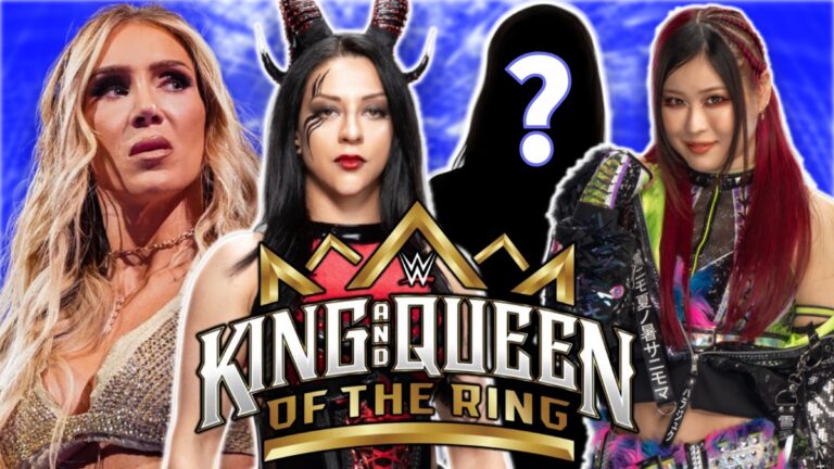 WWE King & Queen of the Ring logo with Charlotte Flair, Stephanie Vaquer and IYO SKY