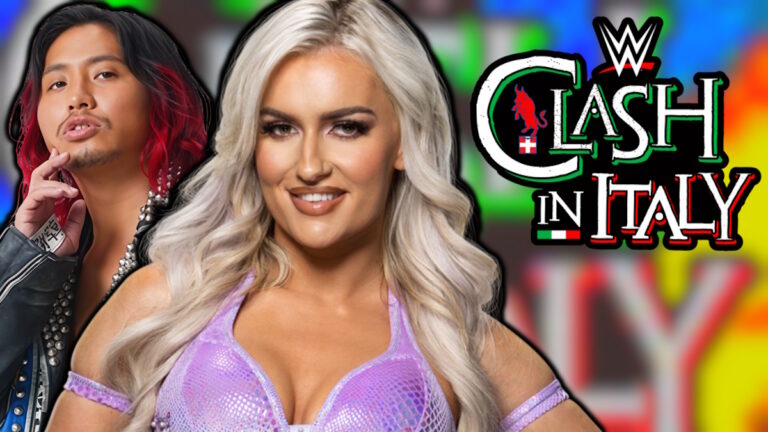WWE Clash In Italy logo, Hiromu Takahashi and Blake Monroe