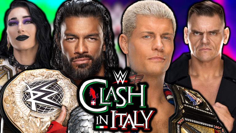 WWE Clash in Italy logo with Rhea Ripley, Roman Reigns, Cody Rhodes and GUNTHER