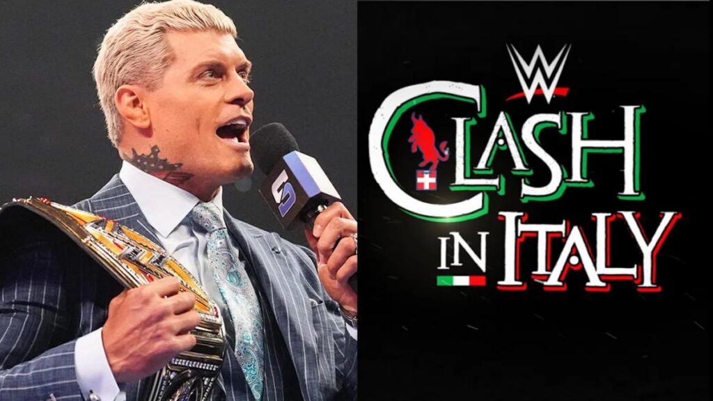 WWE Champion Cody Rhodes next to the Clash In Italy logo