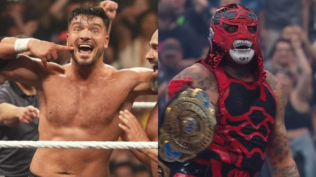 Ethan Page next to WWE Intercontinental Champion Penta