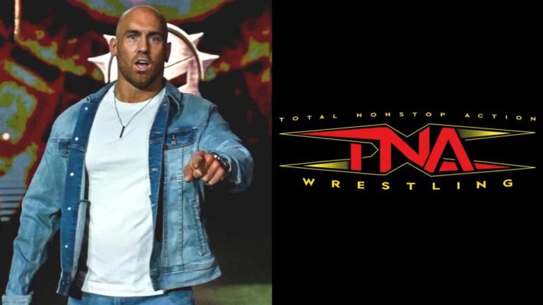 Former WWE star Fabian Aichner (Giovanni Vinci) next to the TNA Wrestling logo