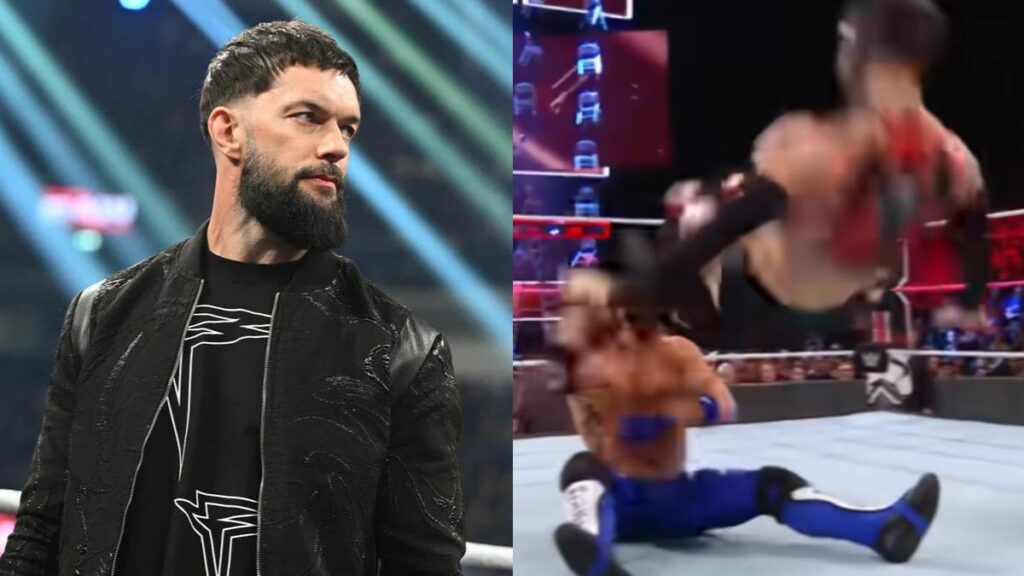 WWE star Finn Balor hitting his dropkick reversal to AJ Styles