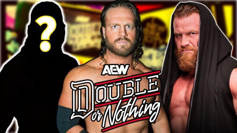 AEW Double or Nothing 2026 logo with Hangman Adam Page and Buddy Matthews