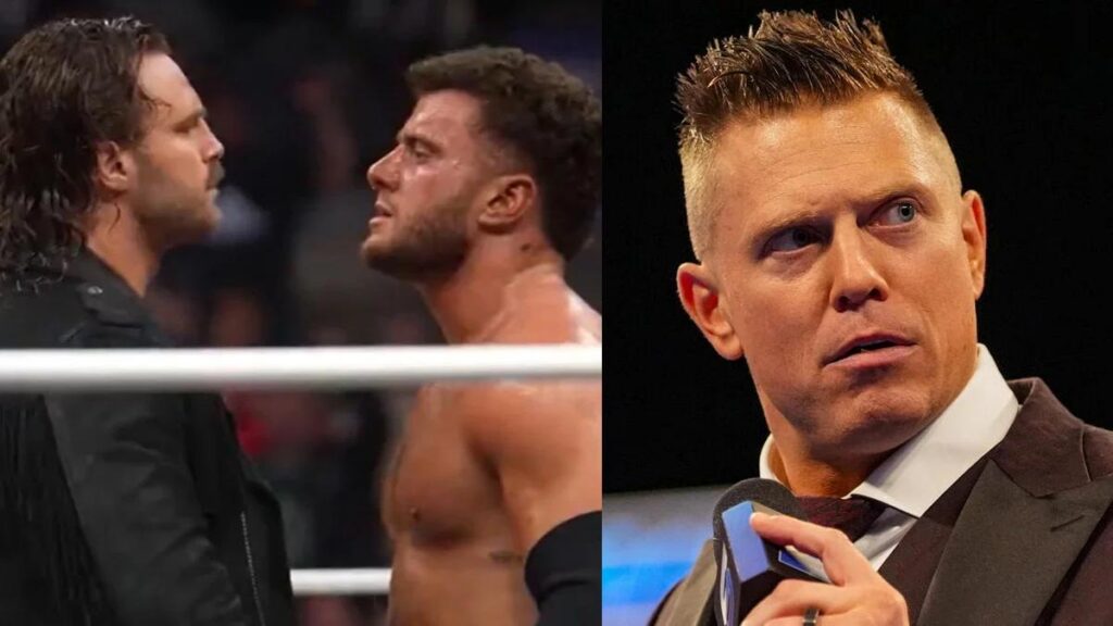 AEW's Hangman Adam Page and MJF next to WWE star The Miz