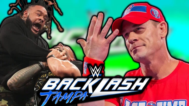 WWE Backlash logo, Jacob Fatu, Roman Reigns and John Cena