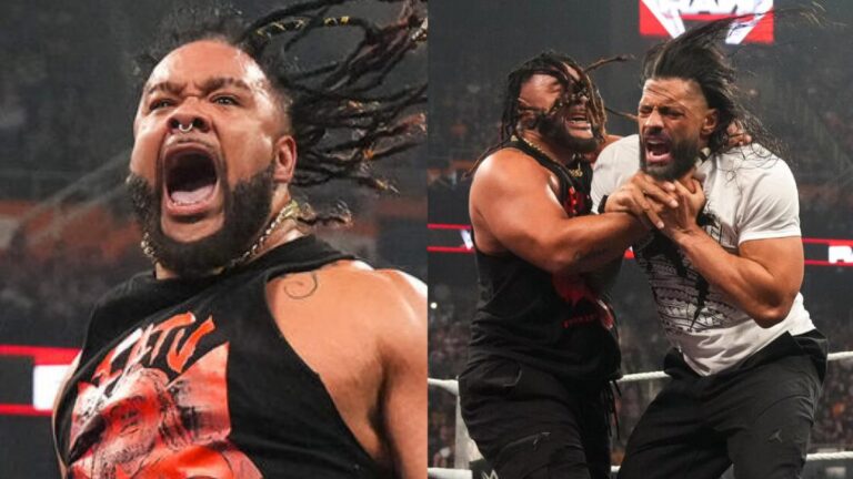 Jacob Fatu attacking Roman Reigns on WWE Raw