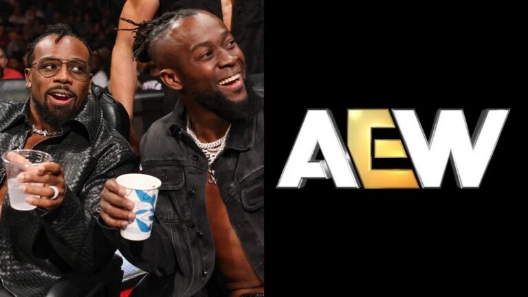Former WWE stars Kofi Kingston and Xavier Woods next to the AEW logo