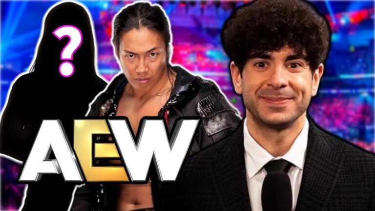 AEW logo with Konosuke Takeshita and Tony Khan