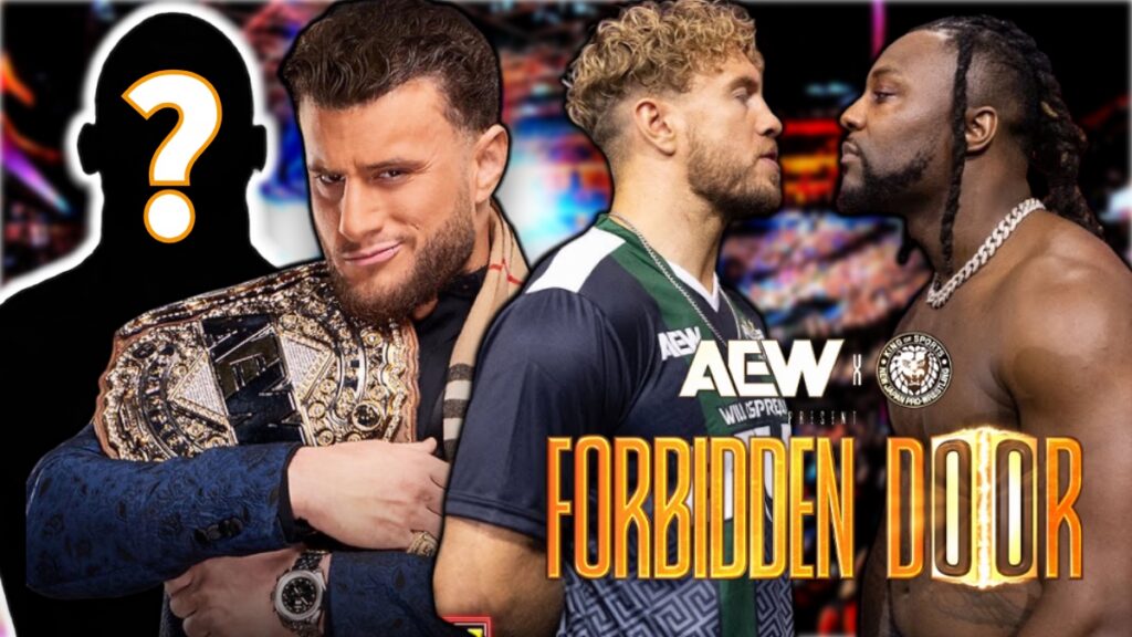 AEW Forbidden Door logo with MJF, Will Ospreay and Swerve Strickland