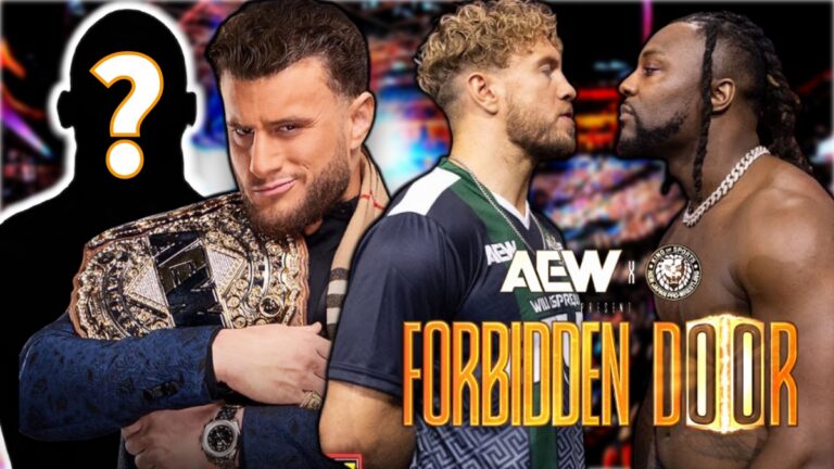 AEW Forbidden Door logo with MJF, Will Ospreay and Swerve Strickland