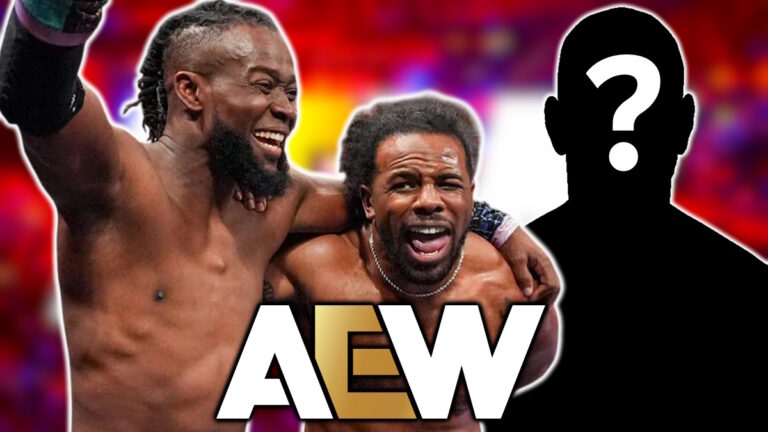 AEW logo and former WWE stars the New Day