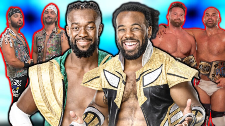 Former WWE stars New Day with AEW stars FTR and the Young Bucks