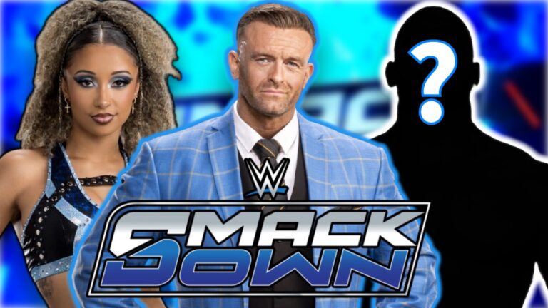 WWE SmackDown logo with Nick Aldis and Kelani Jordan