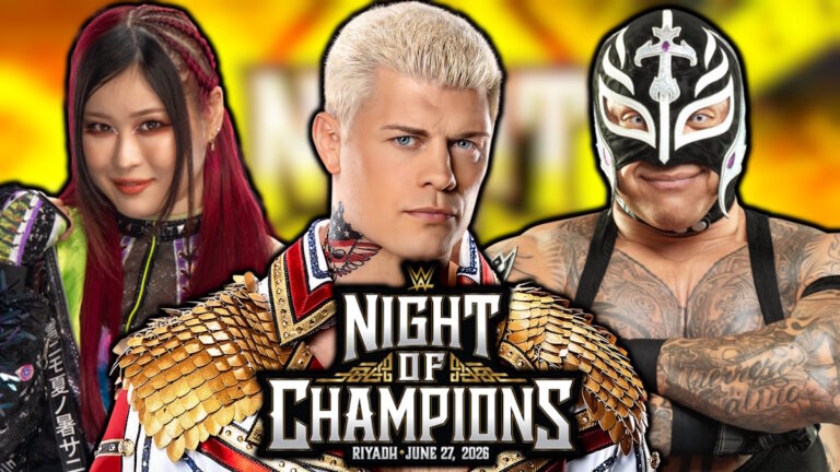 WWE Night of Champions logo, Cody Rhodes, IYO SKY and Rey Mysterio
