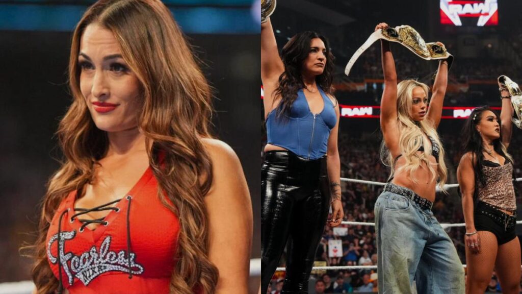 WWE star Nikki Bella next to Liv Morgan, Raquel Rodriguez and Roxanne Perez