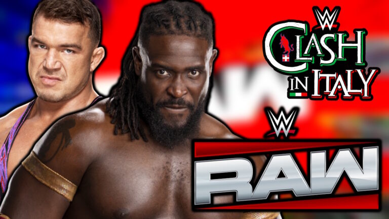 WWE Raw and Clash In Italy logos, Oba Femi and Chad Gable