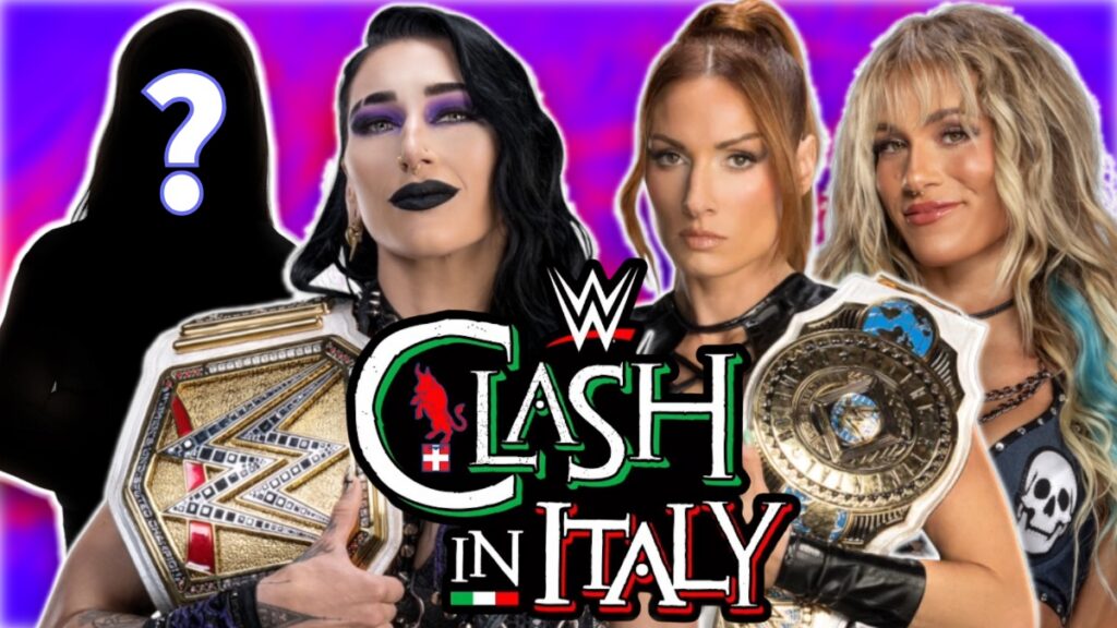 WWE Clash in Italy 2026 logo with Rhea Ripley, Becky Lynch and Sol Ruca