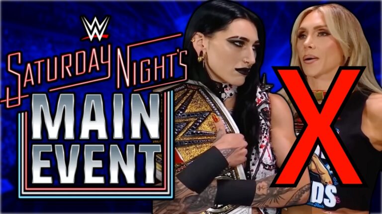 WWE Saturday Night's Main Event logo with Charlotte Flair and Rhea Ripley