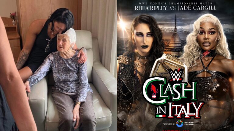 Rhea Ripley and her nonna from x/RheaRipley_WWE/ & WWE Clash in Italy graphic