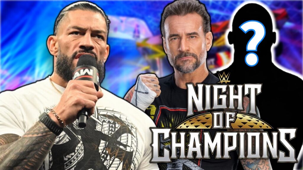 Roman Reigns, CM Punk and WWE Night of Champions logo