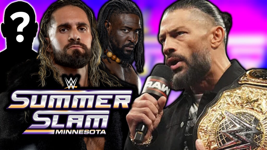 WWE SummerSlam logo, Roman Reigns, Seth Rollins and Oba Femi