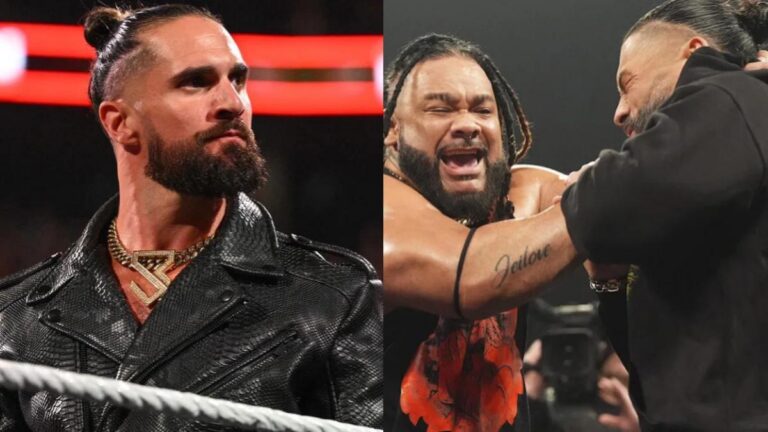 WWE star Seth Rollins next to Roman Reigns and Jacob Fatu