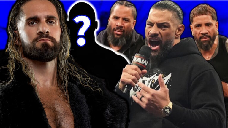 WWE star Seth Rollins next to Roman Reigns and The Usos of The Bloodline