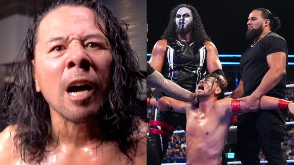 WWE's Shinsuke Nakamura being attacked by Tama Tonga, Talla Tonga and Solo Sikoa