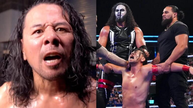 WWE's Shinsuke Nakamura being attacked by Tama Tonga, Talla Tonga and Solo Sikoa