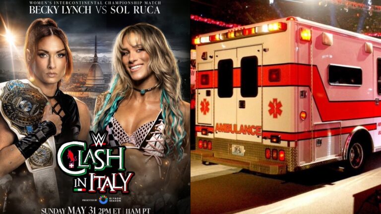 WWE Clash in Italy poster for Becky Lynch vs. Sol Ruca alongside an ambulance