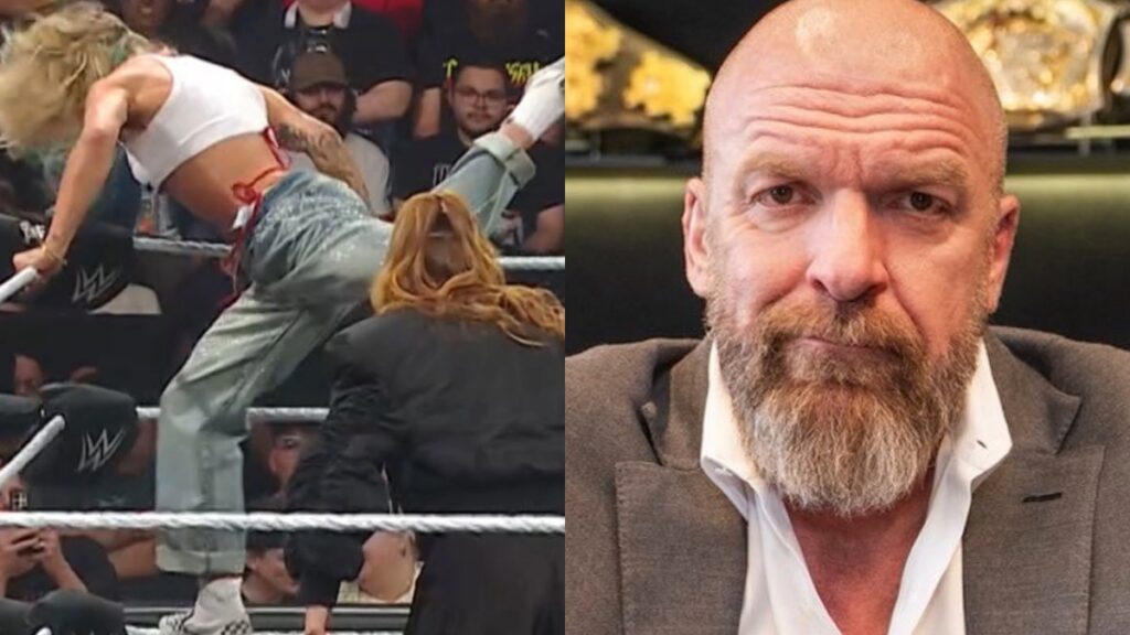 Triple H alongside Sol Ruca hitting a Sol Snatcher on Becky Lynch on WWE Raw