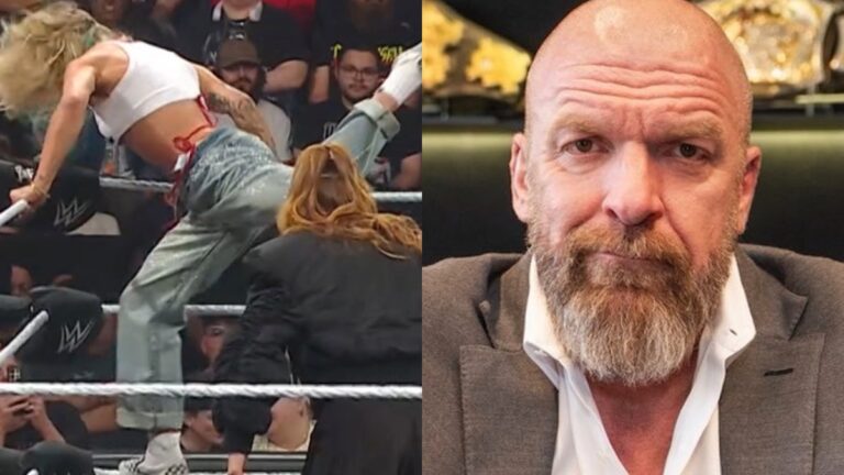 Triple H alongside Sol Ruca hitting a Sol Snatcher on Becky Lynch on WWE Raw