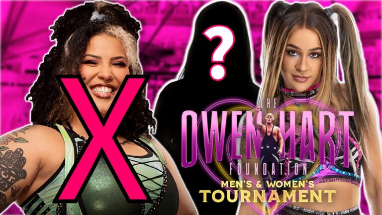 AEW's Willow Nightingale with Charlie and Owen Hart Foundation Tournament logo