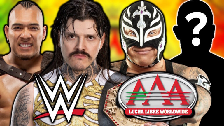WWE and AAA logos, Dominik Mysterio, El Hijo Del Vikingo and Rey Mysterio