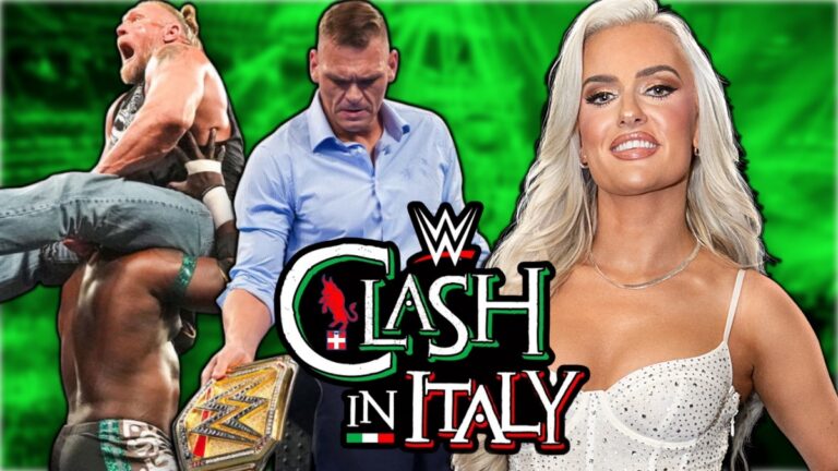 WWE Clash in Italy logo with Blake Monroe, GUNTHER, Oba Femi and Brock Lesnar