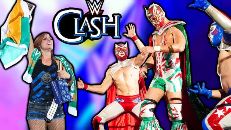WWE Clash logo, Becky Lynch and El Grande Americano